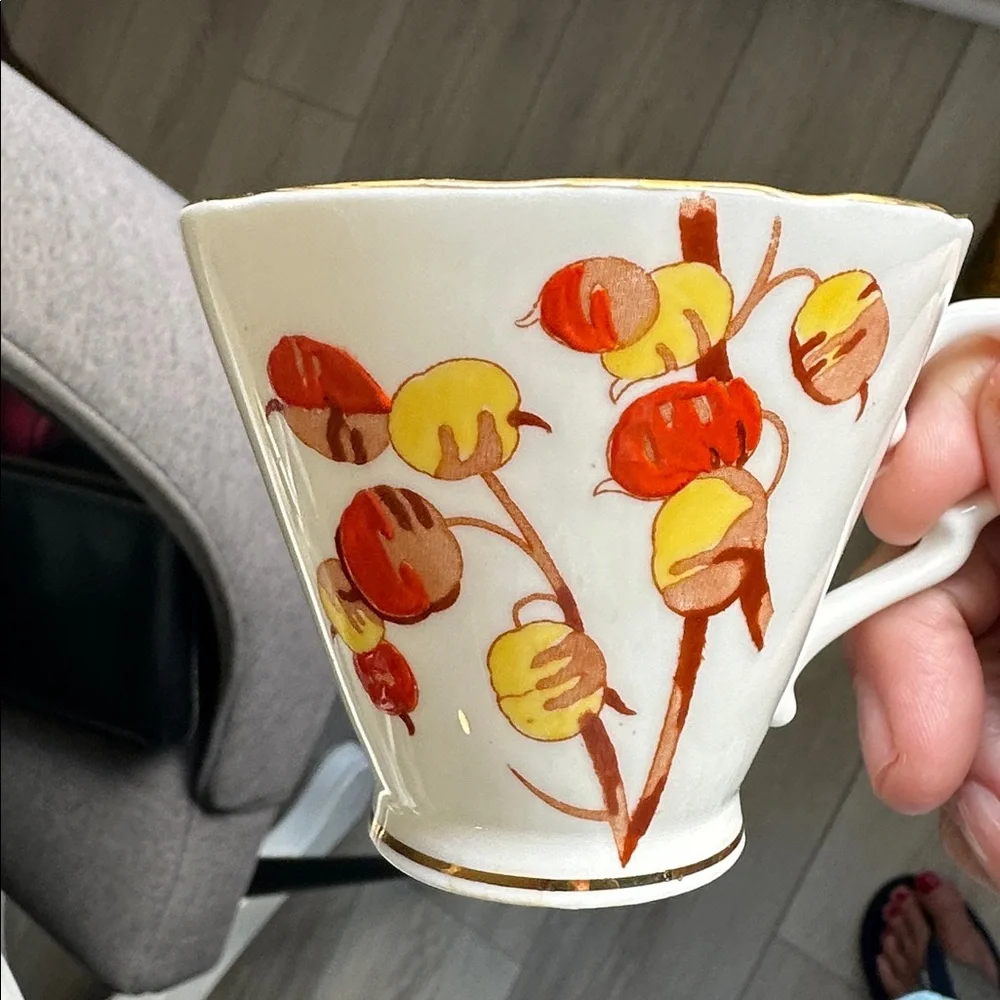 Art Deco Style Bone China Tea Cup with  Orange and yellow floral tones